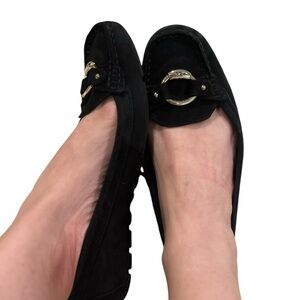 Ralph Lauren Black Suede Loafers with Gold Buckle